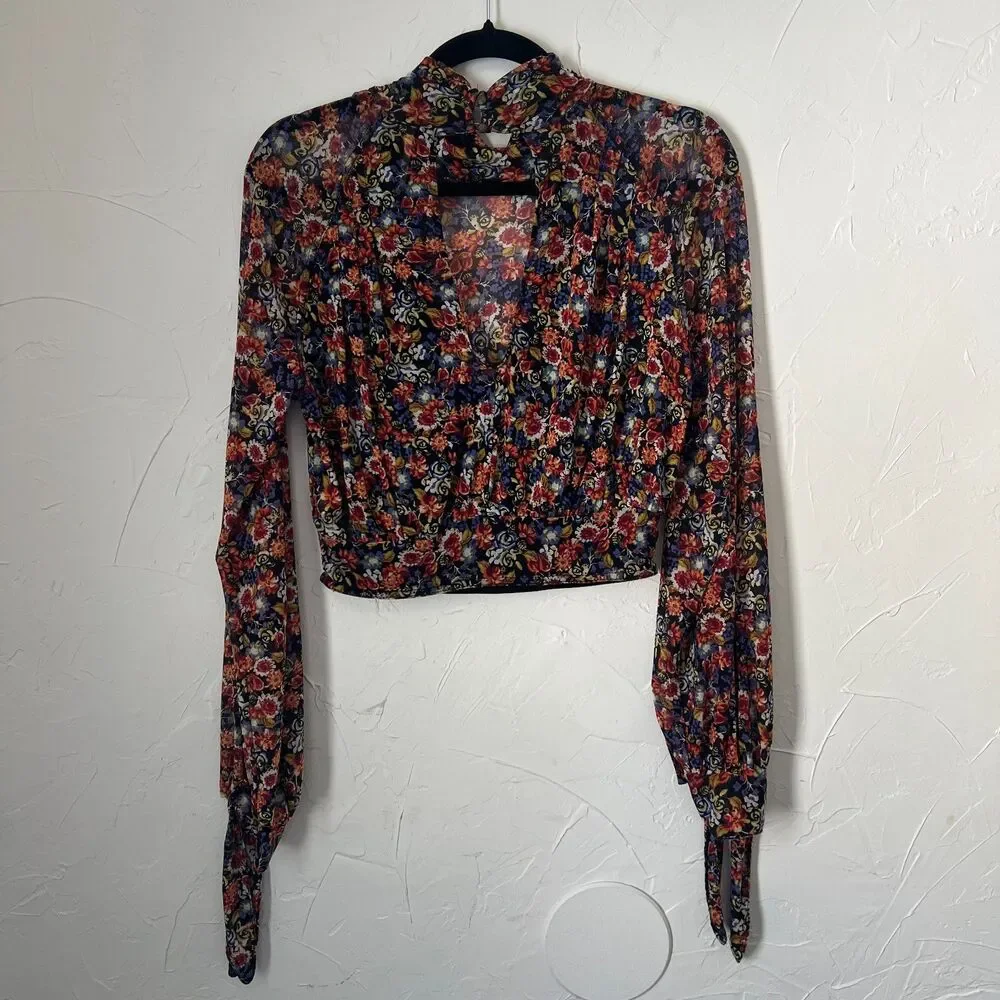 Free People All Dolled Up Top Floral Mesh Boho Fairy Tie‎ Sleeve Cropped y2k XS
